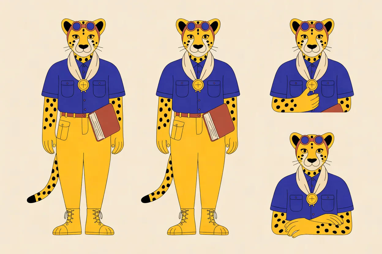 The Navigator character sheet on a warm cream background: two identical full-length front views of her standing with her arms at her sides and a red-brown book tucked against her hip, and two head-and-shoulders close-ups, one with a hand on the brass compass at her chest and one with her arms folded, all with the same calm, closed-mouth expression. In every view she wears round goggles with blue lenses pushed up on her forehead, a cream scarf, a deep-blue short-sleeved shirt and yellow cargo trousers with lace-up boots.