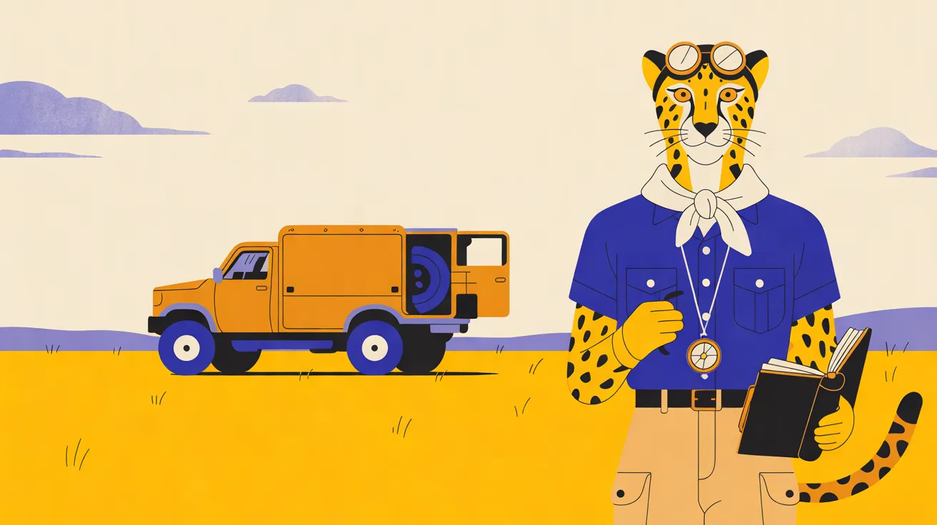 The Navigator, an upright adult cheetah with dark tear lines, stands at the right facing the viewer, shown from the thighs up in a deep-blue short-sleeved shirt, a cream neckerchief and sand-colored cargo trousers, with round goggles pushed up on her forehead and a brass compass on a cord around her neck; she holds a pencil in one hand and an open black roadbook in the other. Behind her a boxy amber off-road truck with blue wheels and an open rear door stands on golden grassland under a cream sky, with low lavender hills and clouds on the horizon.
